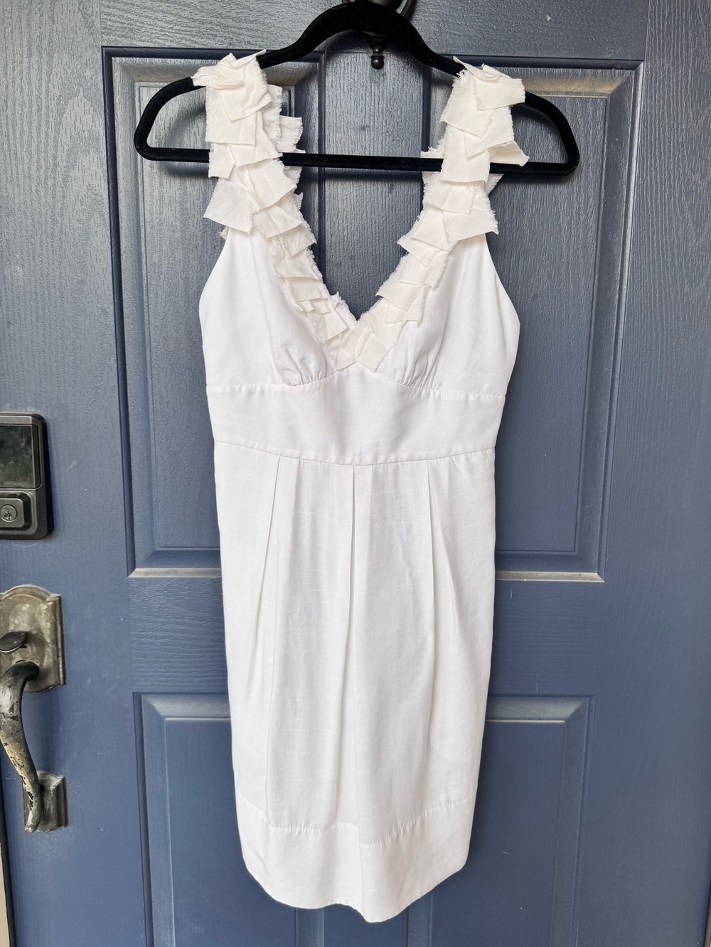 BCBGMaxAzria White Sleeveless V-Neck Dress with Ruffle Straps and Side Pockets